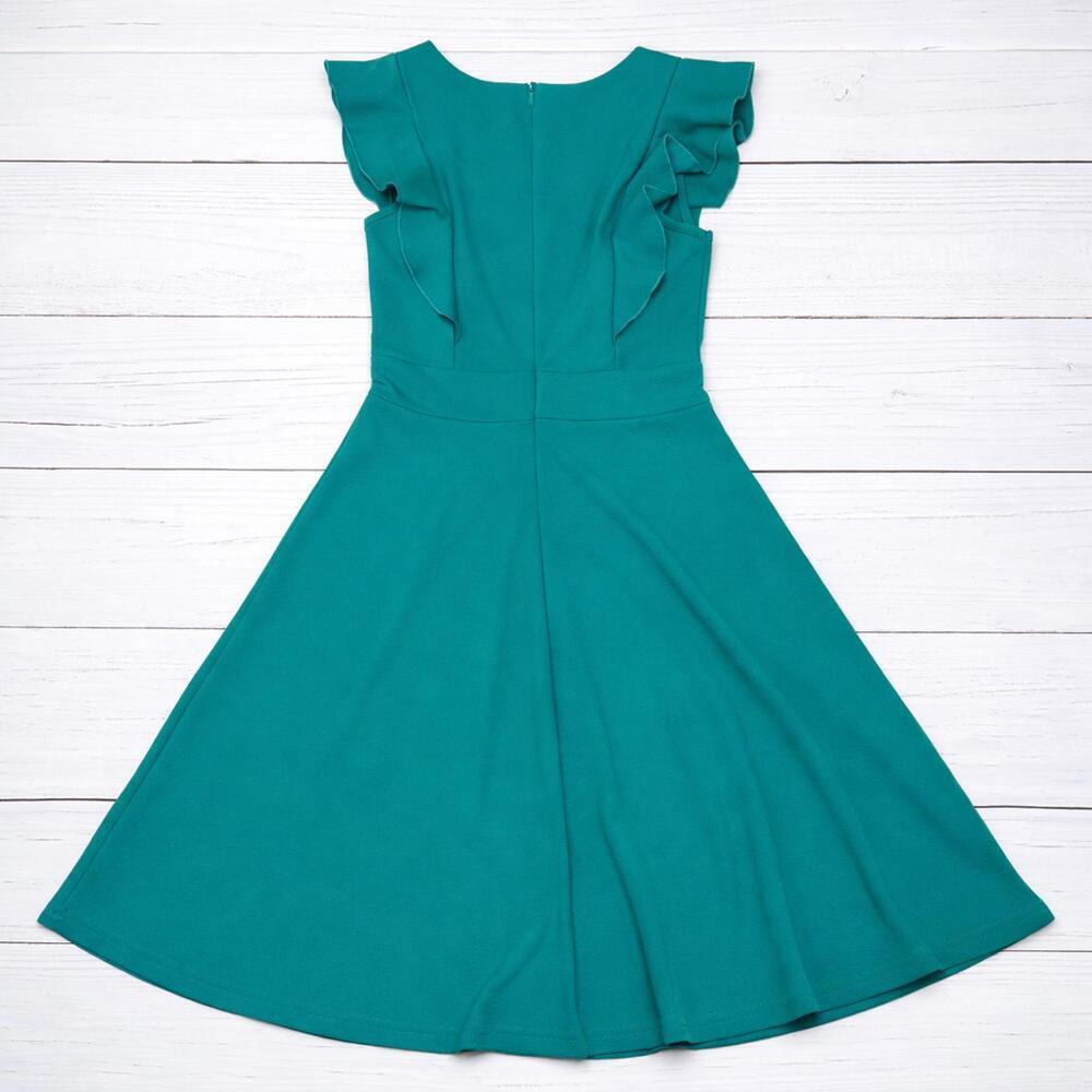 Yathon Ruffle Fit Flare Dress Stretch Crepe Teal Small Elegant Chic - Picture 2 of 9